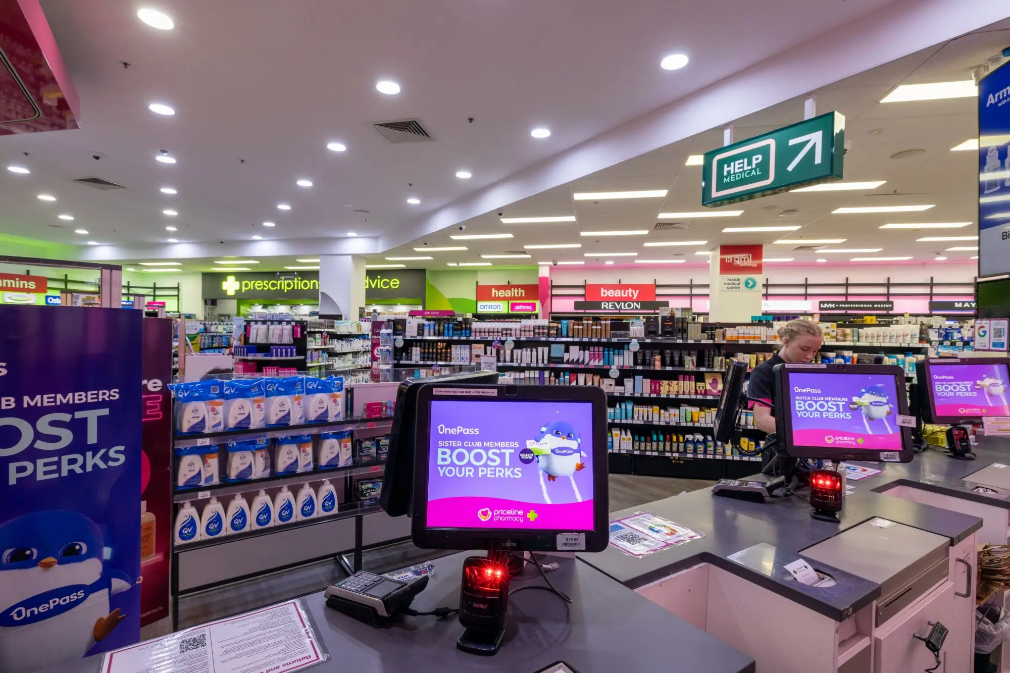 The front counters near the entrance of Priceline Pharmacy Pacific Fair