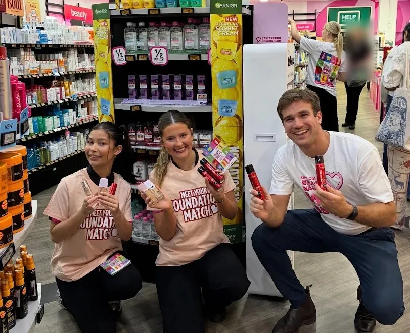 Owner Jason Markey and two of our beauty advisors in store at Priceline Pharmacy Pacific Fair